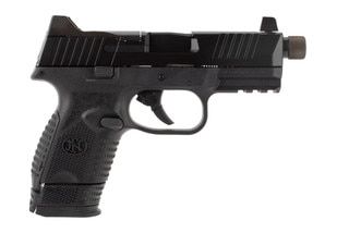 FN 509C 9mm compact pistol features a threaded barrel and black frame